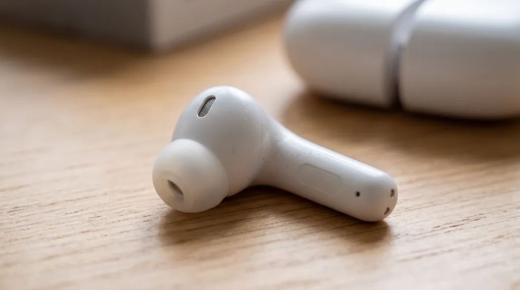 Close-up of the M3 earbud Ergonomic in-ear stem design with a 10mm dynamic driver and sensitive touch controls for speech activation.