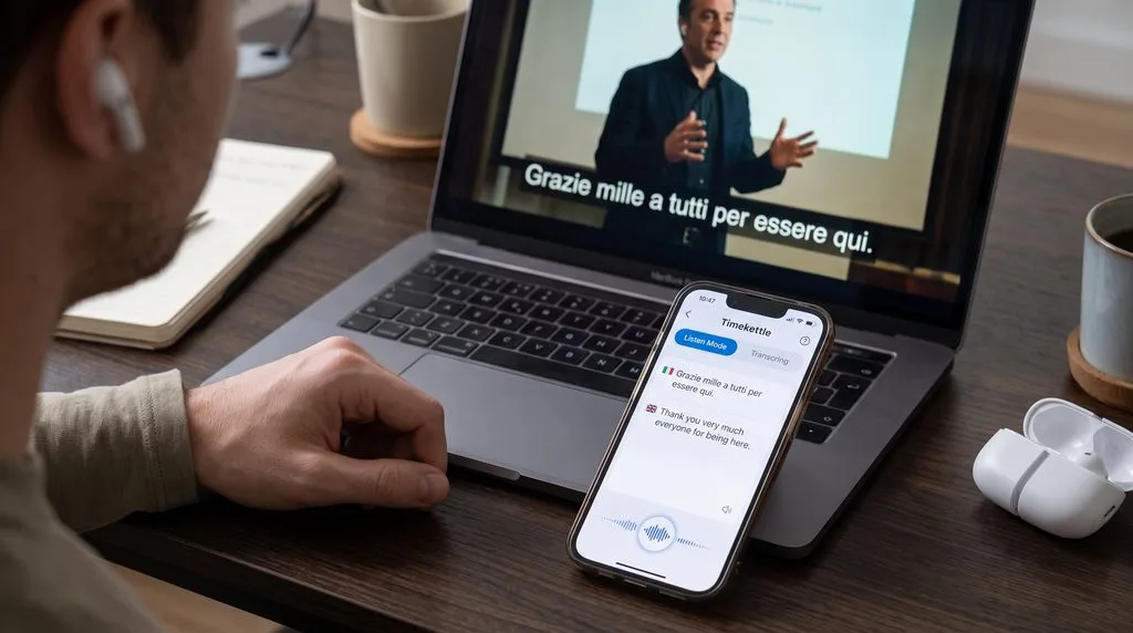 Listen Mode in action The phone microphone continuously captures foreign speech (here translating Italian video audio) and beams real-time English audio directly into your earbuds.