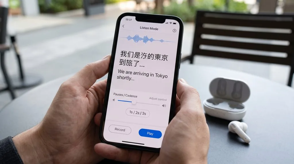 Listen Mode on the M3 Continuous one-way translation with customizable cadence and pause duration controls.