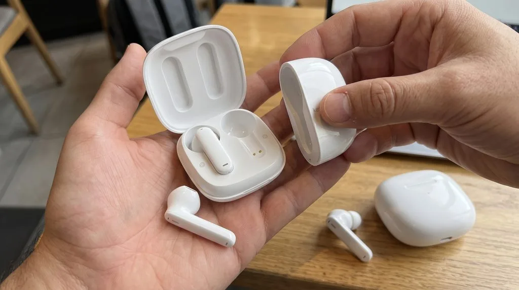 Sharing made hygienic The M3's case pulls apart into two dedicated magnetic pods, avoiding awkward earbud handoffs.