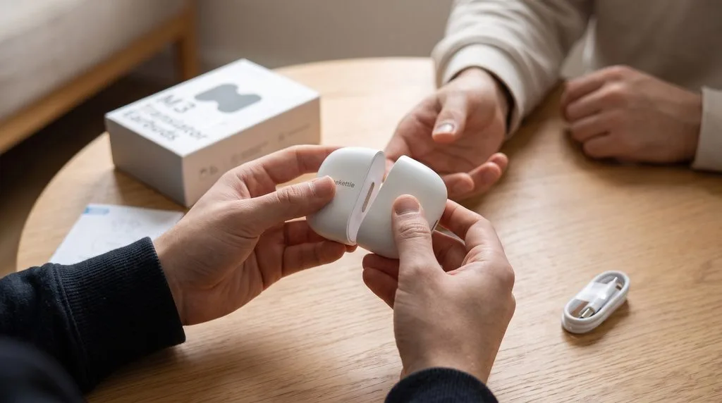 The M3's standout feature The charging case splits into two halves magnetically, allowing you to hand one dedicated pod to your conversation partner.