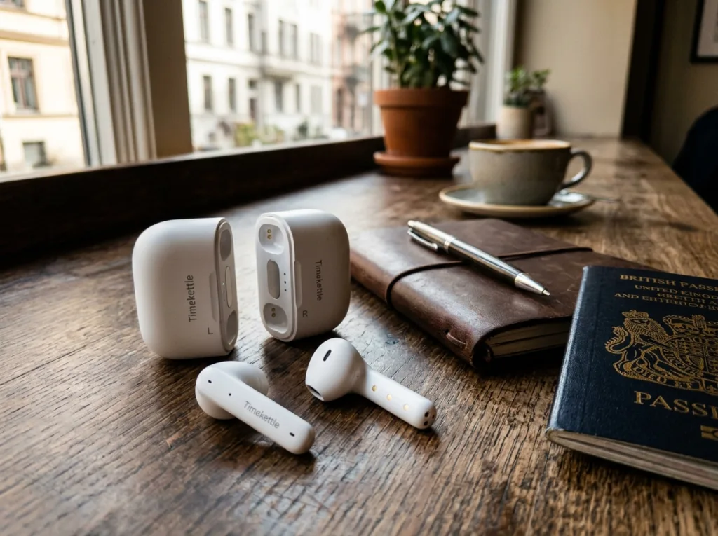 Timekettle M3 travel translator earbuds with split case next to passport