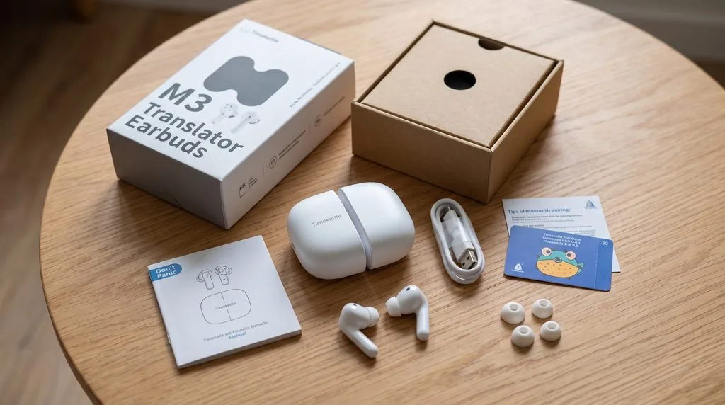 Unboxing the Timekettle M3 The package includes the magnetic split charging case, USB-C cable, quick manual, and two sizes of silicone ear tips.