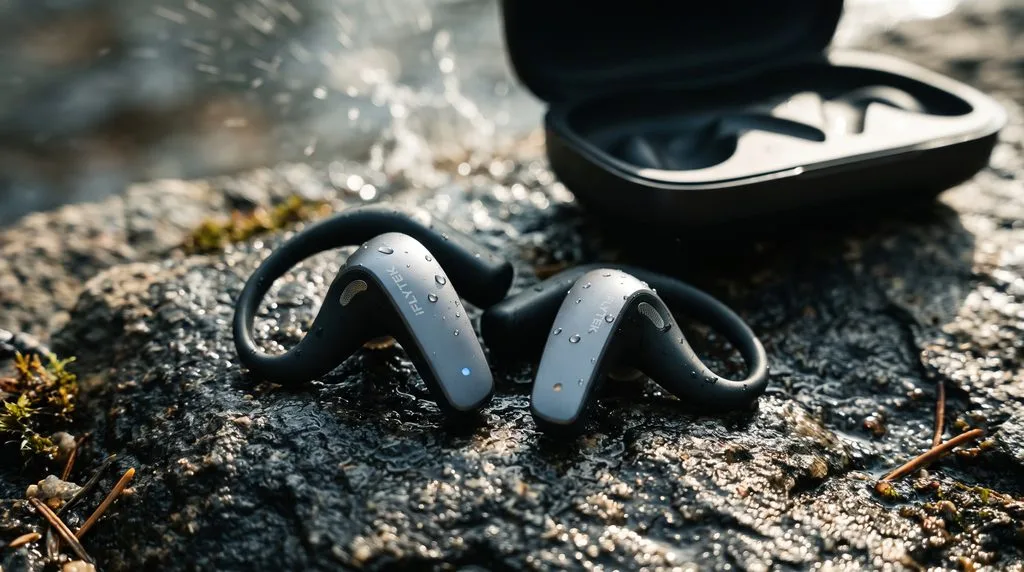 close-up of the iFLYTEK open-ear earhook hardware showing brushed metal and speaker grill