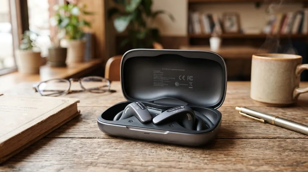 iFLYTEK AI Translation Earbuds with brushed metal finish resting near their portable clamshell charging case