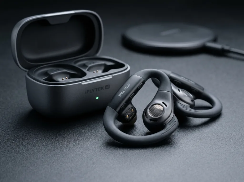 iFLYTEK AI translator open ear earbuds with bone conduction voice sensors